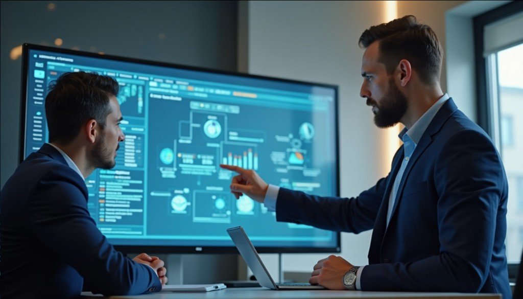 IT consultants reviewing enterprise technology delivery dashboards